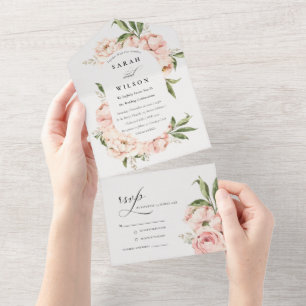 Pastell-Weiche-Rosé-Pfingstrose-Blumen-Hochzeit All In One Einladung