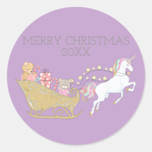 Pastell-Weihnachts-Einhorn-Santas-Schlitten-Lila Runder Aufkleber
