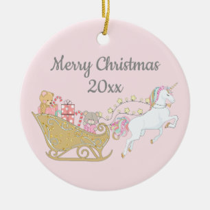 Pastell-Weihnachts-Einhorn-Schlitten Rosa Keramik Ornament