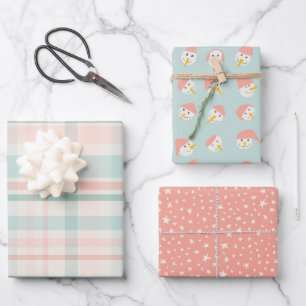 Pastell-Weihnachts-Schneemänner Sterne Karo Geschenkpapier Set