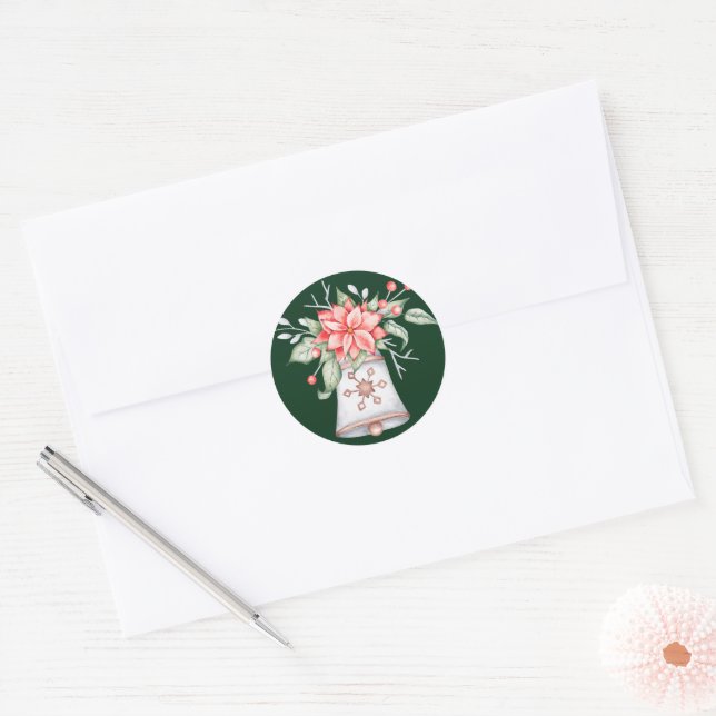 Pastell Weihnachtsglocke mit Poinsettia Runder Aufkleber (Umschlag)