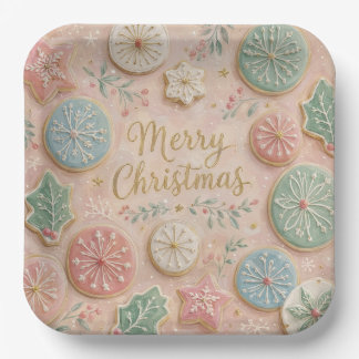 Pastell-Weihnachtskekse Frohe Weihnachten Schneefl Pappteller