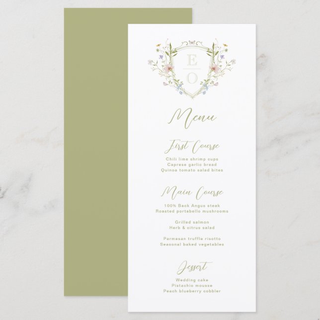 Pastell Wildblume Monogram Wappen Hochzeit Menükarte (Vorne/Hinten)