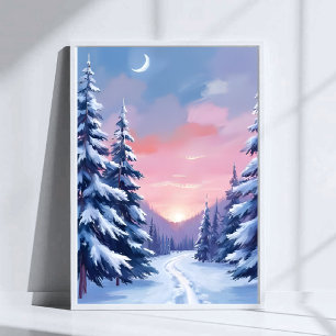 Pastell-Winter-Sonnenuntergang   Naturmalerei Aqua Poster
