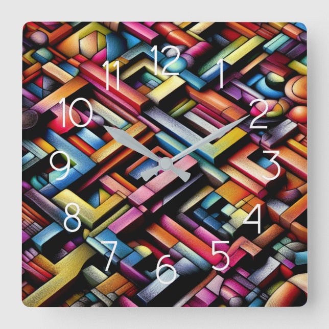 Pastell Zeichnend Abstrakt dimensionale Geometrie Quadratische Wanduhr (Vorderseite)