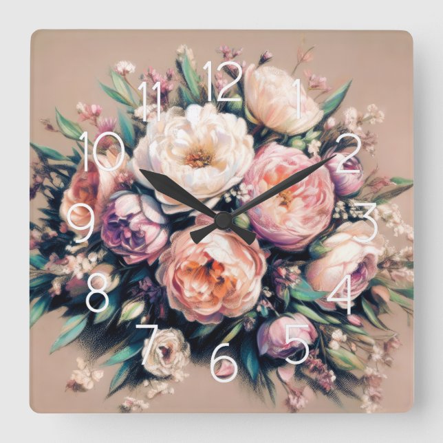 Pastell Zeichnend Peony Bouquet Pink Wall Clock Quadratische Wanduhr (Vorderseite)