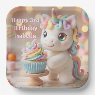 Pastell-Zucker-Einhorn mit Regenbogen-Cupcake Pappteller