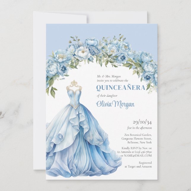 Pastellblau Blütenbäuche Formal Gown Quinceañera Einladung (Vorderseite)