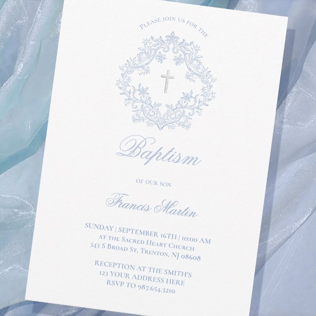 Pastellblau, elegant Wappen Baby Boy Taufe Einladung (Von Creator hochgeladen)