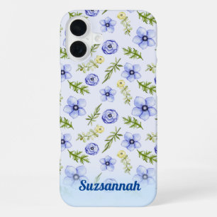 Pastellblau Gelb Blumengrün Muster Custom iPhone 16 Plus Hülle