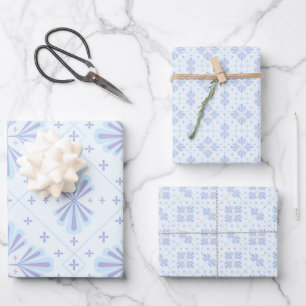 Pastellblau geometrisches florales Wiederholungsmu Geschenkpapier Set