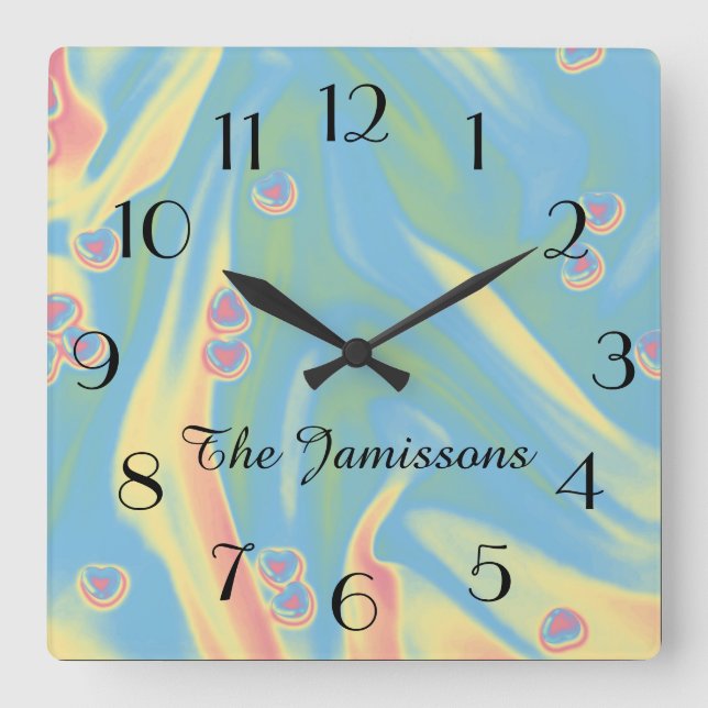 Pastellblau Kleine Herz, Name, Runde oder Platz Quadratische Wanduhr (Vorderseite)