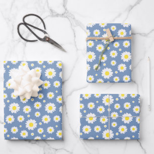 Pastellblau mit gelbem weißem Daisy-Blume-Muster Geschenkpapier Set