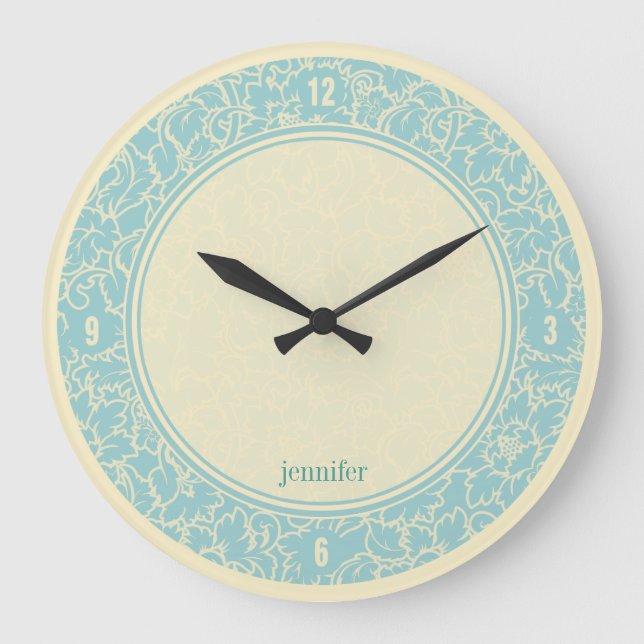 Pastellblau und cremefarbene Damasken Große Wanduhr (Vorderseite)