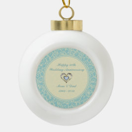 Pastellblau und cremefarbene Damasken Keramik Kugel-Ornament