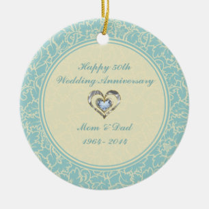Pastellblau und cremefarbene Damasken Keramikornament