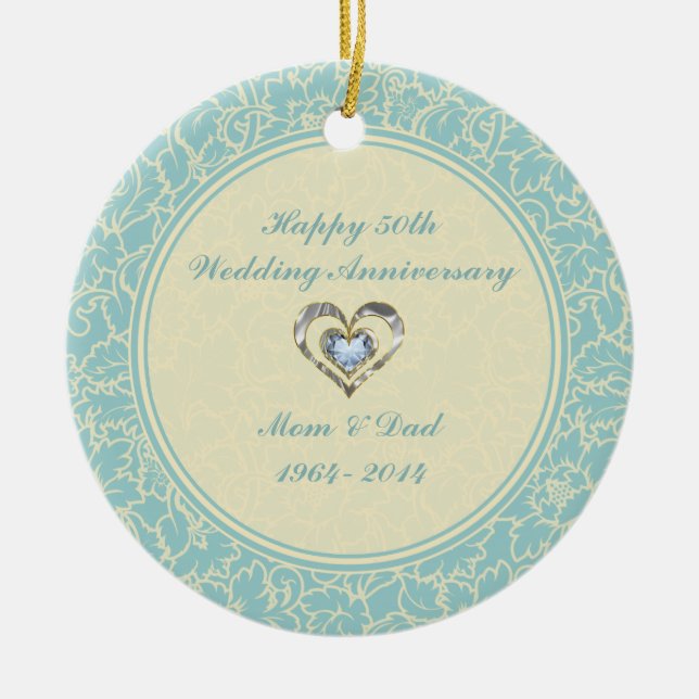 Pastellblau und cremefarbene Damasken Keramikornament (Vorne)
