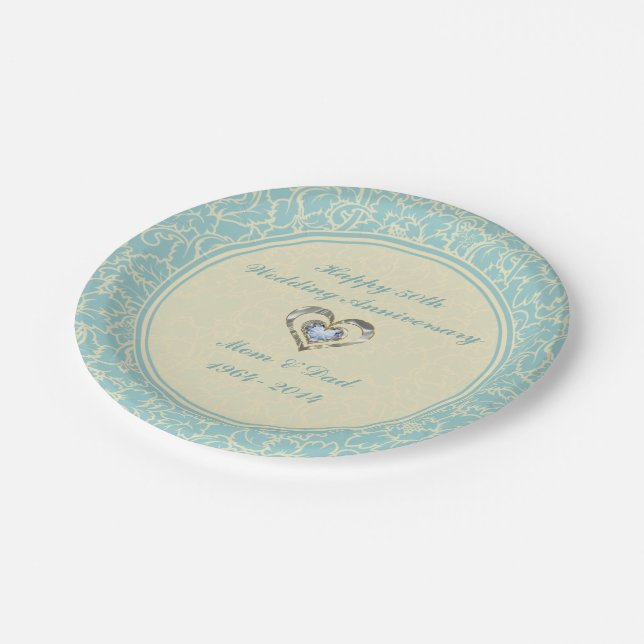 Pastellblau und cremefarbene Damasken Pappteller (Schrägansicht)