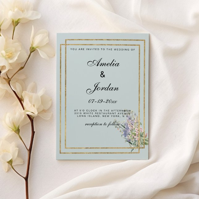 Pastellblau und Goldlavender rosa Blumenzehen Einladung (Pastel blue and gold lavender pink floral Wedding )