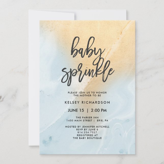 Pastellblau und Goldmarmor | Baby Sprinkle Einladung (Vorderseite)