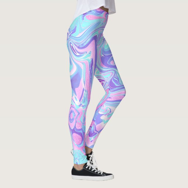 Pastellblau und Lila Marmor Flüssige Textur Leggings (Rechts)