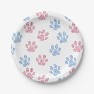 Pastellblau und rosa Imitat Glitzer Pfoten  Pappteller