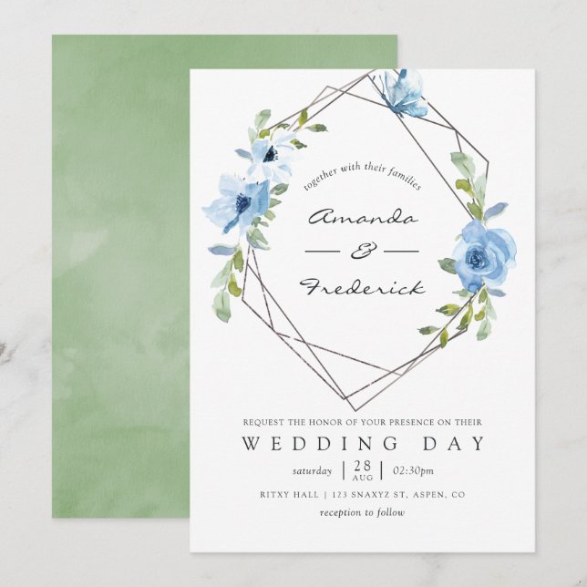 Pastellblau und weiße geometrische Hochzeit Einladung (Vorne/Hinten)