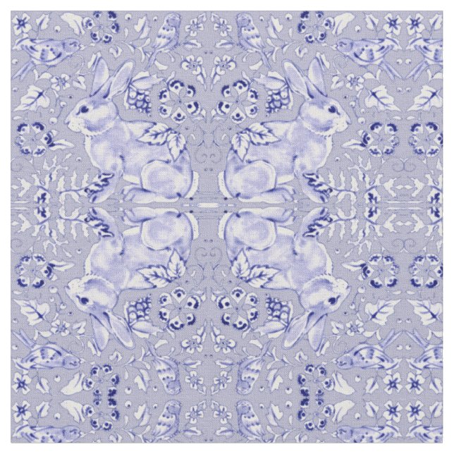 Pastellblau und Weißer Bunny Rabbit Bird Kleine Pr Stoff (Nahaufnahme)