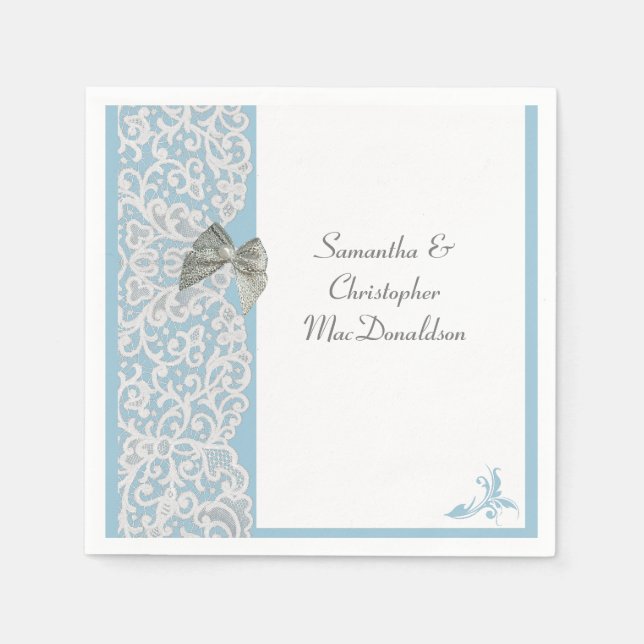 Pastellblau-weiße Spitze Traditionelle Hochzeit Serviette (Vorderseite)