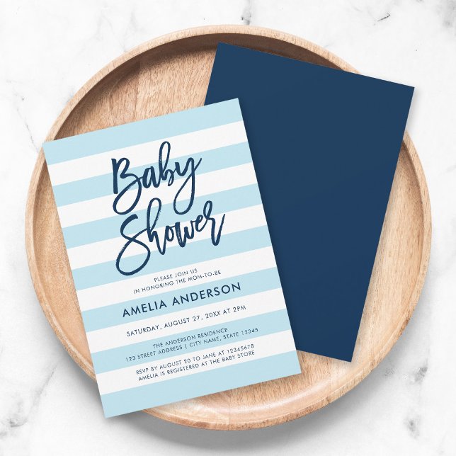 Pastellblau & weiße Streifen Blaue Babydusche Einladung (Von Creator hochgeladen)