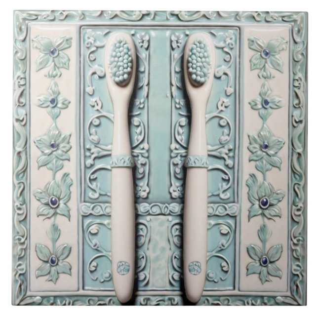 Pastellblau Weißer Zahnbürste Zahnspülung Bad Fliese (Vorderseite)