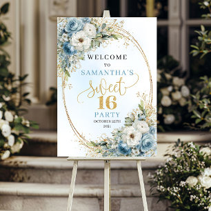 Pastellblaue Aquarell-Blumen Gold Sweet Sixteen Poster