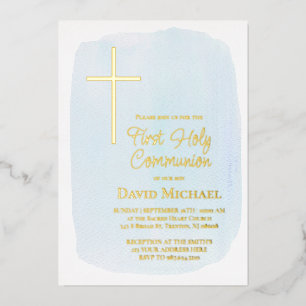 pastellblaue Aquarell-First-Communion-Junge Folieneinladung