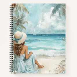 PASTELLBLAUE AQUARELL-SZENE MIT MÄDCHEN AM STRAND NOTIZBUCH