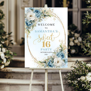 Pastellblaue Aquarellblumen goldener Glitter süß Poster