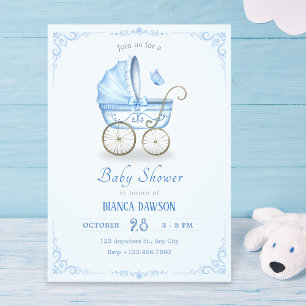 Pastellblaue Babybettrollendusche Einladung