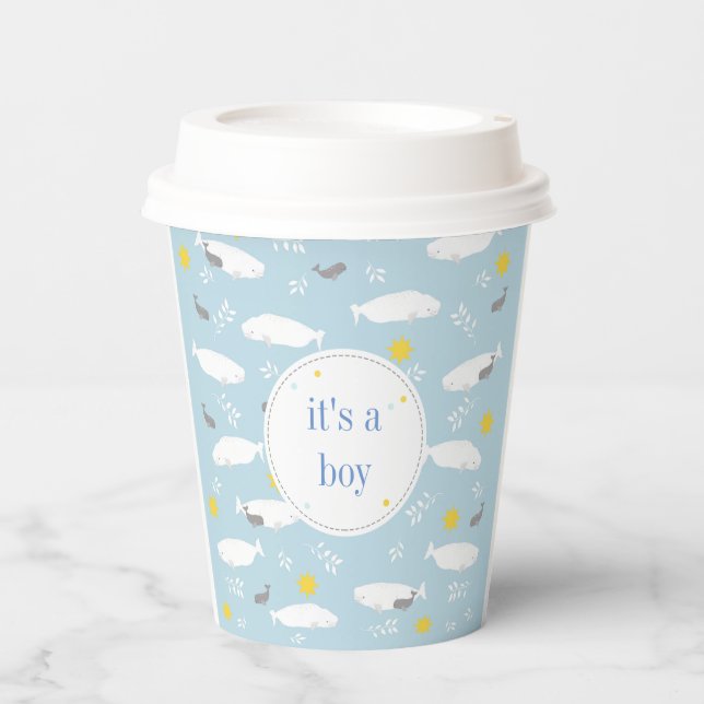 Pastellblaue Beluga-Wal-Sterne Babyduschdesign Pappbecher (Vorderseite)