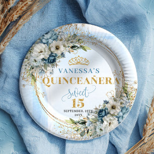 Pastellblaue Blumen Eukalyptus Gold Benutzerdefini Pappteller