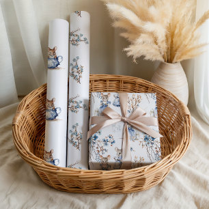 Pastellblaue Blumen-Tea-Mäuse Geschenkpapier Set