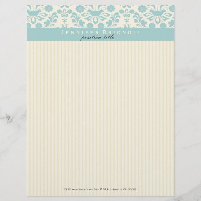 Pastellblaue Damasken und beige Streifen Briefkopf (Vorderseite)