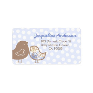 Pastellblaue Damast-Küken-Junge-Baby-Party-Adresse Adressaufkleber