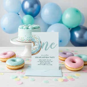 Pastellblaue Donut 1. Geburtstags-Süßigkeit  Einladung
