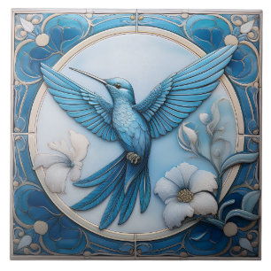 Pastellblaue Faux-Relief-Art-Nouveau-Kolibri-L Fliese