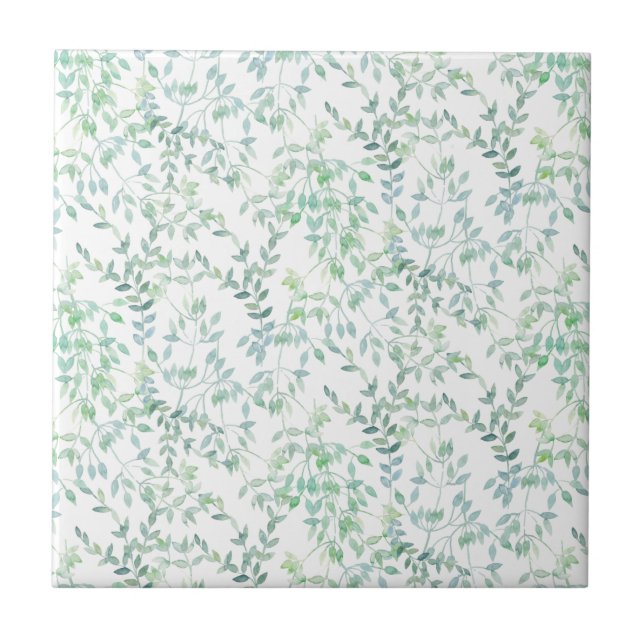 Pastellblaue grüne Blätter für die Aquarellfarbe D Fliese (Vorderseite)