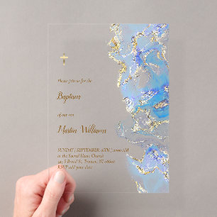 pastellblaue Marmor-Taufe Acryleinladungen