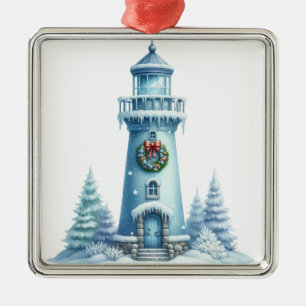PASTELLBLAUE NAUTISCHE WEIHNACHTSLEUCHTTURM ORNAMENT AUS METALL
