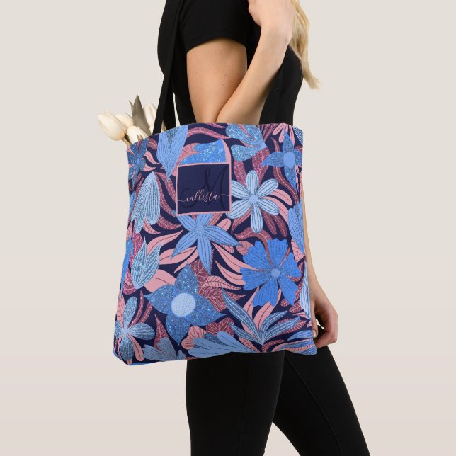 Pastellblaue rosa Blätter Glitzer Monogramm Tasche (Von Nahem)
