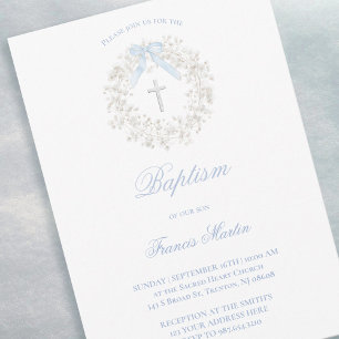 pastellblaue Schleife Baby's Breath Kranz Taufe Einladung