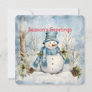 Pastellblaue Schneemann-Zapfen-Stechpalmen-Winters Feiertagskarte