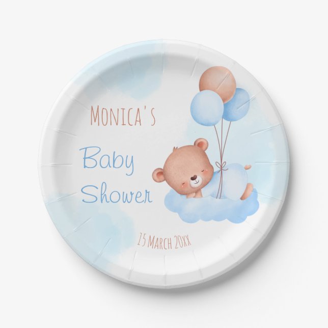 Pastellblaue Teddybär Aquarell Babydusche Pappteller (Vorderseite)